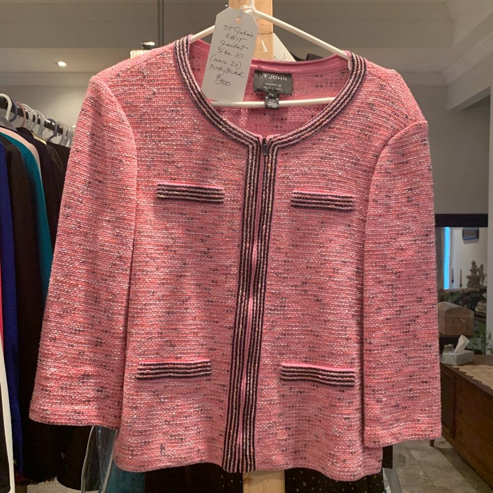St. John Knit Size 10 Soft Pink and Black Trim Jacket